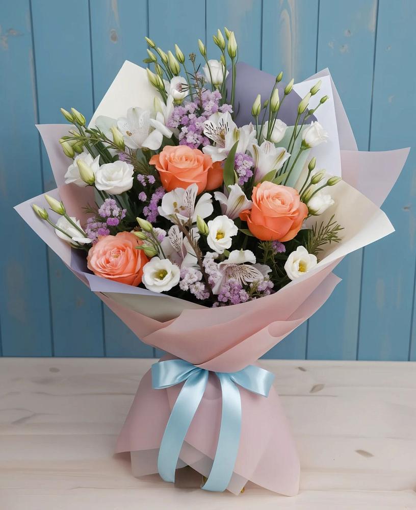Букет цветов из: Лизиантусы, Розы, Альстромерии и Гипсофила в Екатериноградской