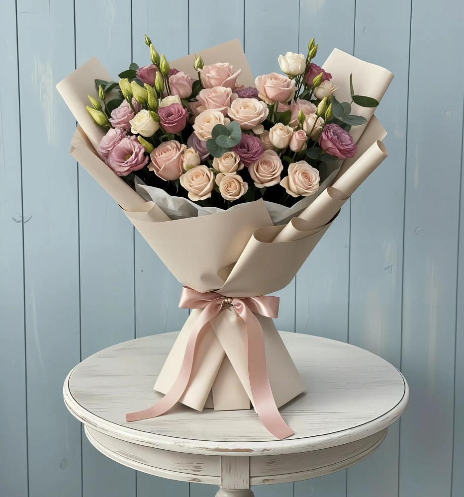 Букет цветов из: Розы и Лизиантусы в Екатериноградской