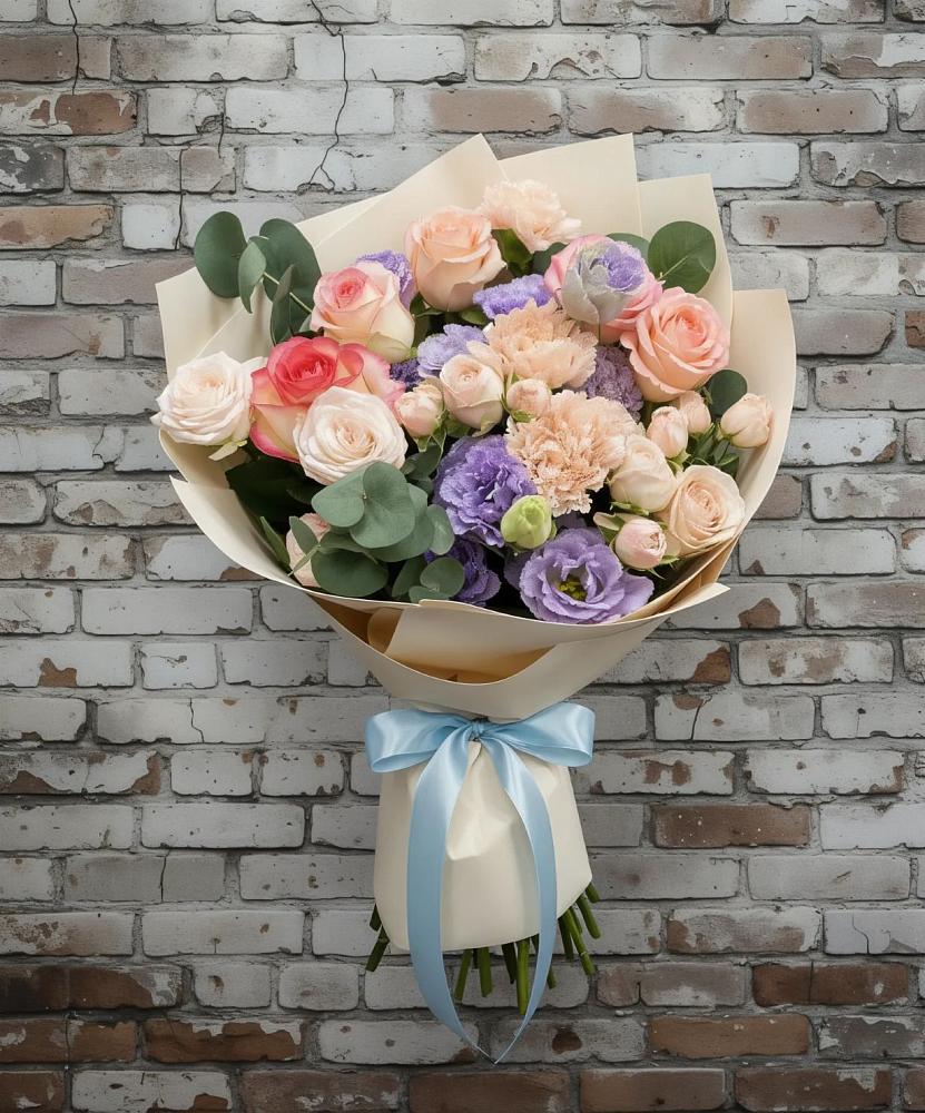 Букет цветов из: Розы, Лизиантусы и Гвоздики в Екатериноградской