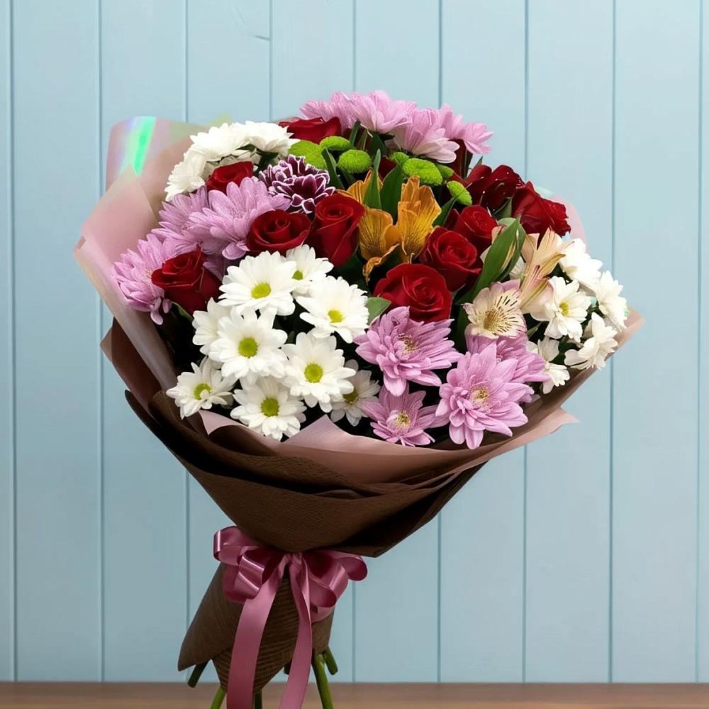 Букет цветов из: Розы, Хризантемы и Альстромерии в Екатериноградской